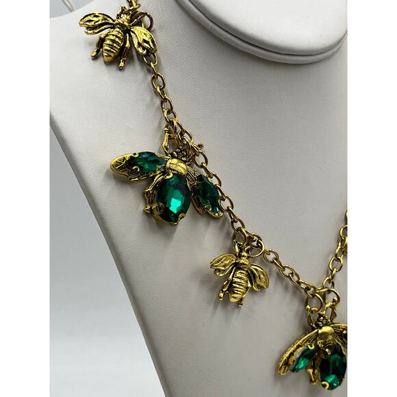 Stainless Steel Gold Plated Green Rhinestone Queen Bumble Bee Statement Necklace - Picture 9 of 12